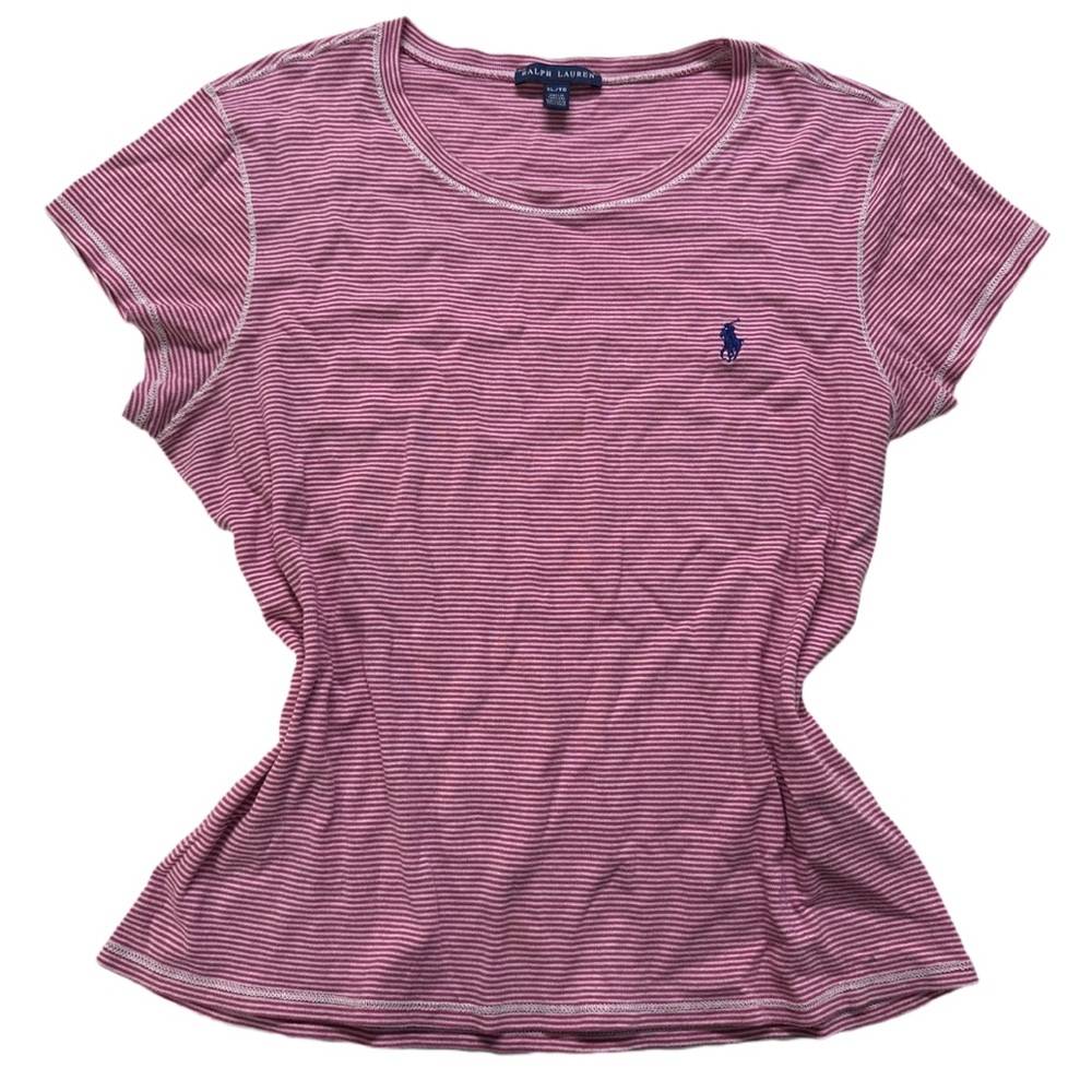 Y2K RALPH LAUREN women's pink + white striped basic polo horse tee, XL.